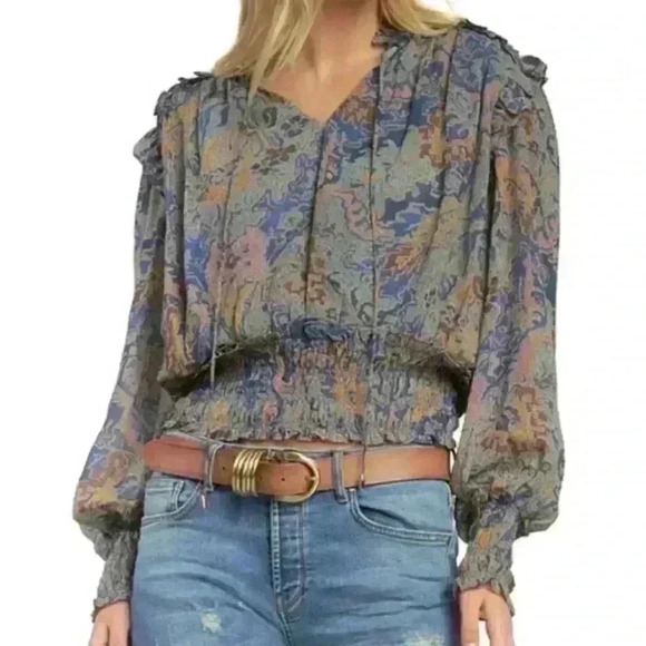 NWT Elan Orange Peasant Boho Tie Neck Long Sleeve Elastic Waist Crop Top Size M - Picture 2 of 13